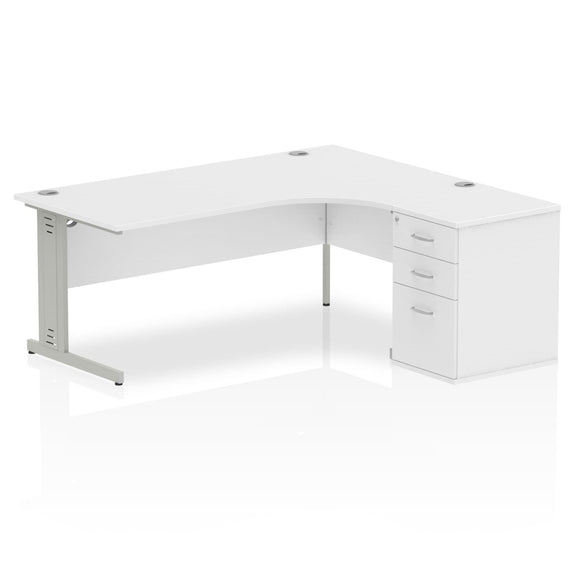 Impulse 1800mm Right Crescent Desk White Top Silver Cable Managed Leg Workstation 600 Deep Desk High Pedestal Bundle