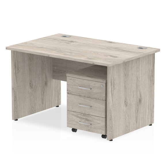 Impulse 1200 x 800mm Straight Desk Grey Oak Top Panel End Leg with 3 Drawer Mobile Pedestal Bundle