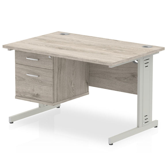 Impulse 1200 x 800mm Straight Desk Grey Oak Top Silver Cable Managed Leg with 1 x 2 Drawer Fixed Pedestal
