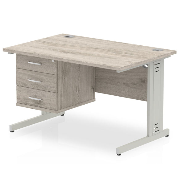 Impulse 1200 x 800mm Straight Desk Grey Oak Top Silver Cable Managed Leg with 1 x 3 Drawer Fixed Pedestal