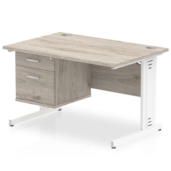 Impulse 1200 x 800mm Straight Desk Grey Oak Top White Cable Managed Leg with 1 x 2 Drawer Fixed Pedestal