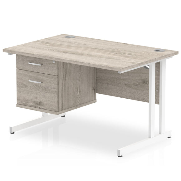 Impulse 1200 x 800mm Straight Desk Grey Oak Top White Cantilever Leg with 1 x 2 Drawer Fixed Pedestal