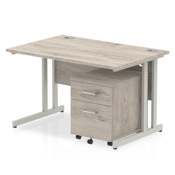 Impulse 1200 x 800mm Straight Desk Grey Oak Top White Cantilever Leg with 2 Drawer Mobile Pedestal Bundle
