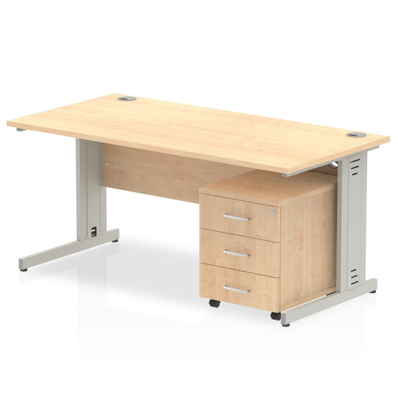 Impulse 1200 x 800mm Straight Desk Maple Top Silver Cable Managed Leg with 3 Drawer Mobile Pedestal Bundle