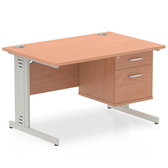 Impulse 1200 x 800mm Straight Desk Beech Top Silver Cable Managed Leg with 1 x 2 Drawer Fixed Pedestal