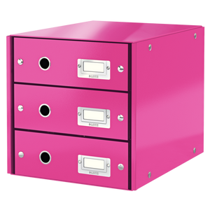 Leitz WOW Click & Store Drawer Cabinet (3 drawers).  With thumbholes and label holders. For A4 formats. Pink.