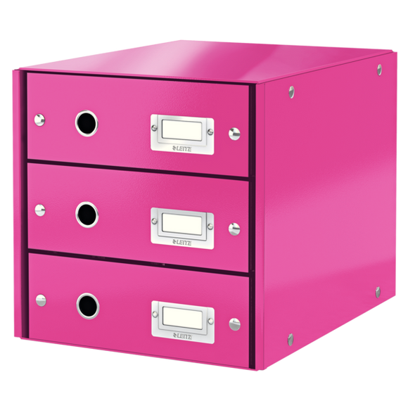 Leitz WOW Click & Store Drawer Cabinet (3 drawers).  With thumbholes and label holders. For A4 formats. Pink.