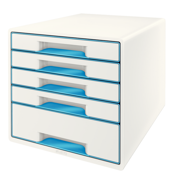 Leitz WOW CUBE Drawer Cabinet, 5 drawers (1 big and 4 small). A4 Maxi. White/blue