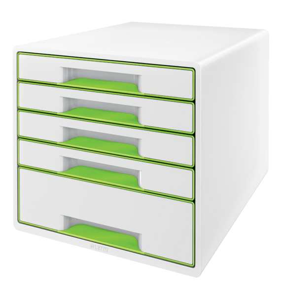 Leitz WOW CUBE Drawer Cabinet, 5 drawers (1 big and 4 small). A4 Maxi. White/green