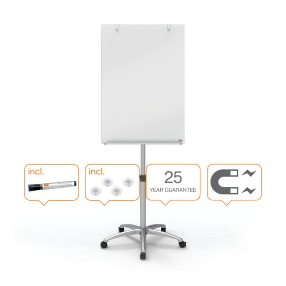 Nobo Glass Flipchart Easel, White, 1850 x 700mm, Mobile Magnetic Whiteboard