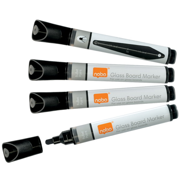 Nobo Glass Whiteboard Markers Black (Pack 4)