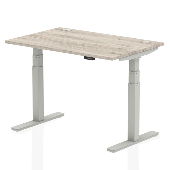 Air 1200 x 800mm Height Adjustable Desk Grey Oak Top Cable Ports Silver Leg