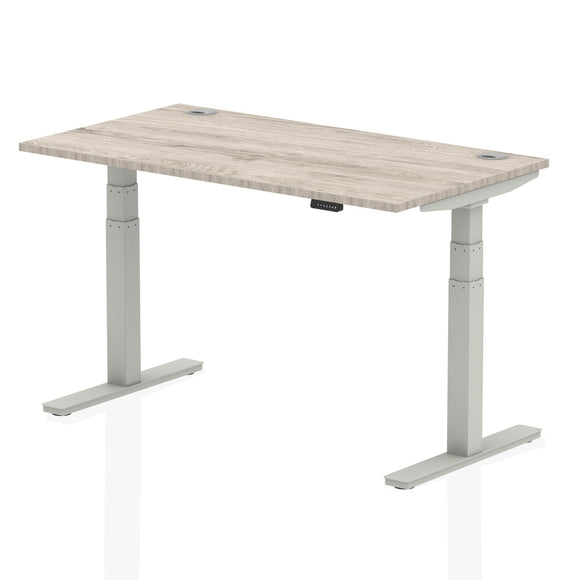 Air 1400 x 800mm Height Adjustable Desk Grey Oak Top Cable Ports Silver Leg