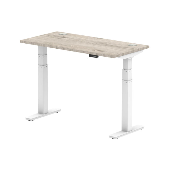 Air 1200 x 600mm Height Adjustable Desk Grey Oak Top Cable Ports White Leg