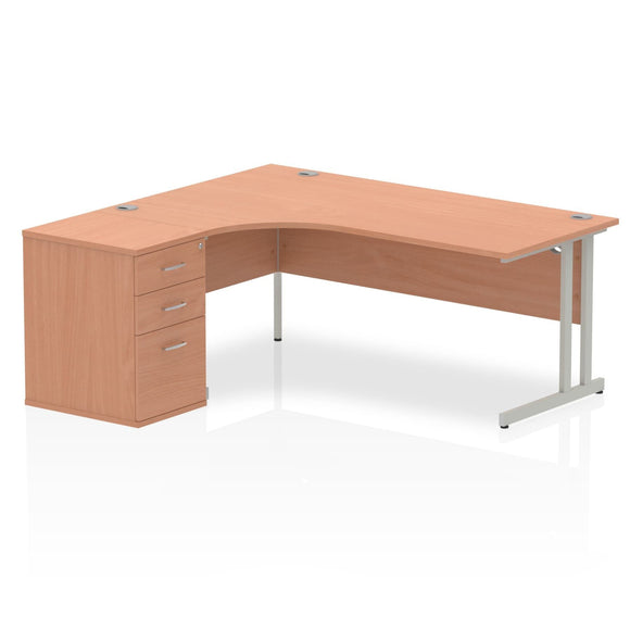 Impulse 1800mm Left Crescent Desk Walnut Top White Cantilever Leg Workstation 600 Deep Desk High Pedestal Bundle