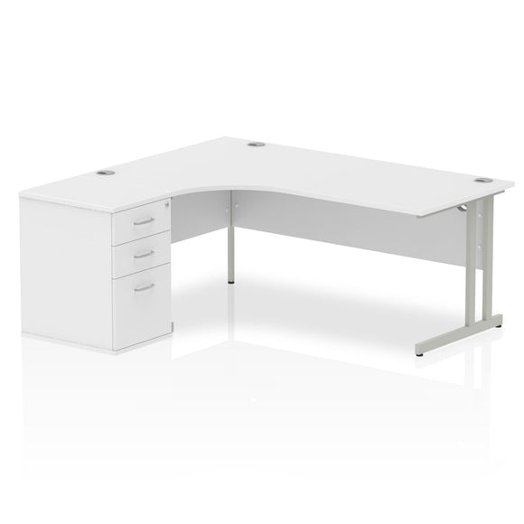 Impulse 1800mm Left Crescent Desk White Top Silver Cantilever Leg Workstation 600 Deep Desk High Pedestal Bundle