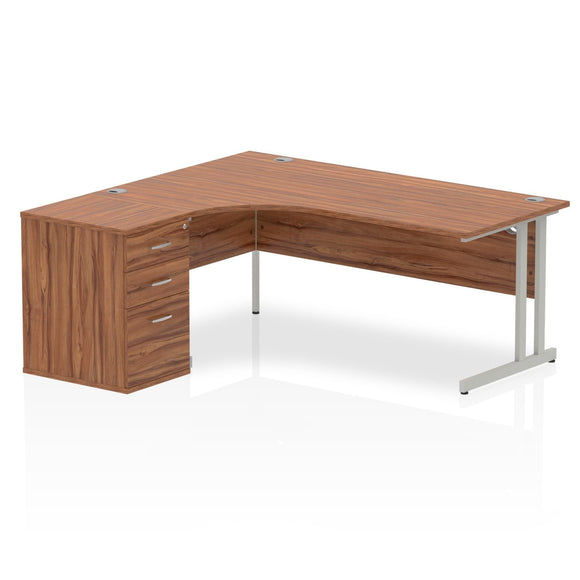 Impulse 1800mm Left Crescent Desk Walnut Top Silver Cantilever Leg Workstation 600 Deep Desk High Pedestal Bundle