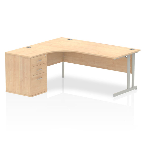 Impulse 1800mm Left Crescent Desk Maple Top Silver Cantilever Leg Workstation 600 Deep Desk High Pedestal Bundle