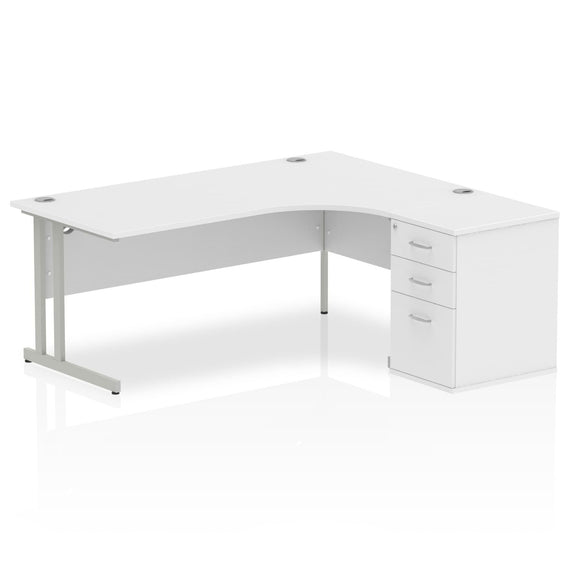 Impulse 1800mm Right Crescent Desk White Top Silver Cantilever Leg Workstation 600 Deep Desk High Pedestal Bundle