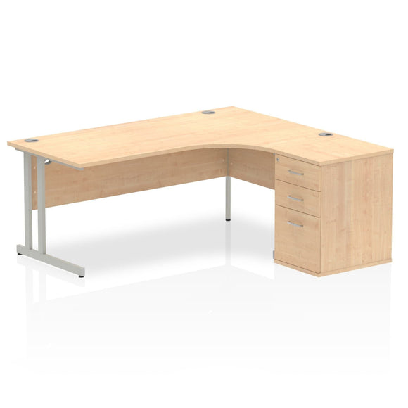 Impulse 1800mm Right Crescent Desk Maple Top Silver Cantilever Leg Workstation 600 Deep Desk High Pedestal Bundle