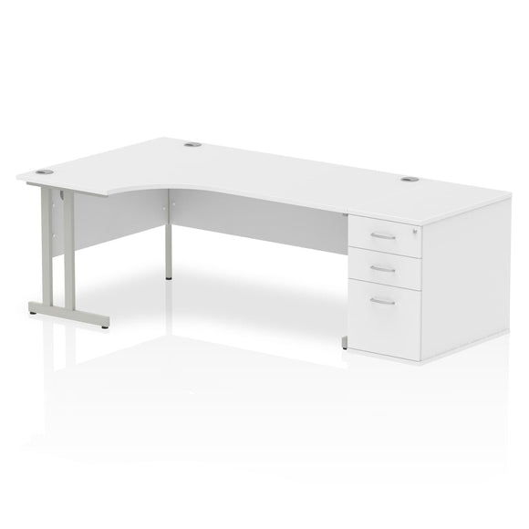 Impulse 1800mm Left Crescent Desk White Top Silver Cantilever Leg Workstation 800 Deep Desk High Pedestal Bundle