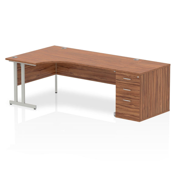 Impulse 1800mm Left Crescent Desk Walnut Top Silver Cantilever Leg Workstation 800 Deep Desk High Pedestal Bundle