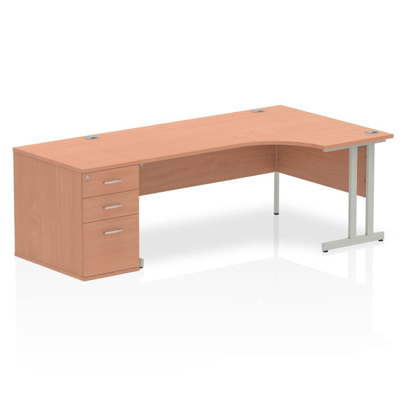 Impulse 1800mm Right Crescent Desk Beech Top Silver Cantilever Leg Workstation 800 Deep Desk High Pedestal Bundle