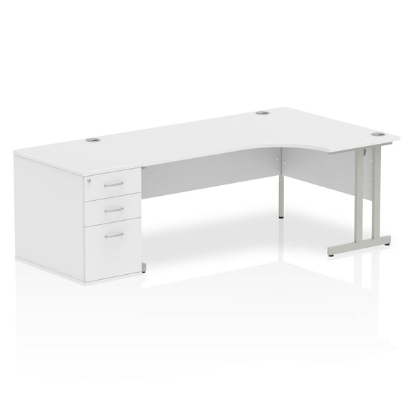 Impulse 1800mm Right Crescent Desk White Top Silver Cantilever Leg Workstation 800 Deep Desk High Pedestal Bundle
