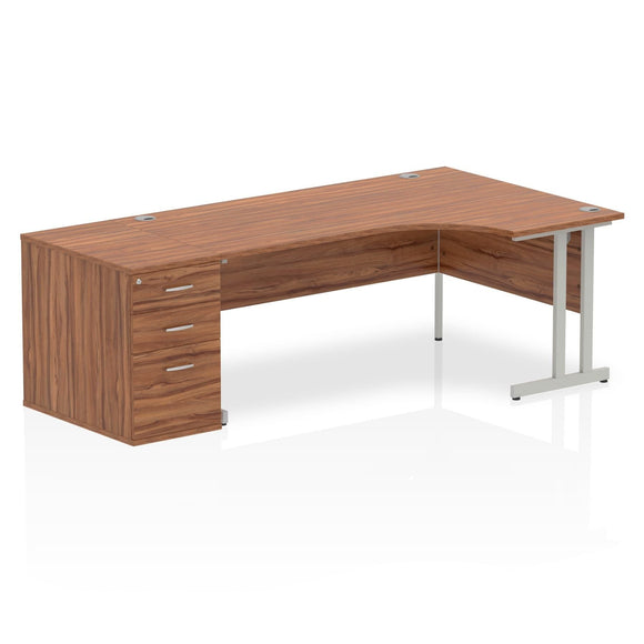 Impulse 1800mm Right Crescent Desk Walnut Top Silver Cantilever Leg Workstation 800 Deep Desk High Pedestal Bundle