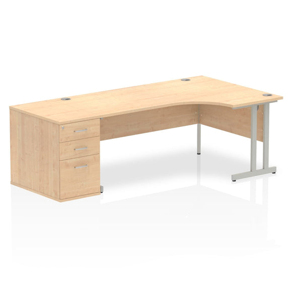 Impulse 1800mm Right Crescent Desk Maple Top Silver Cantilever Leg Workstation 800 Deep Desk High Pedestal Bundle