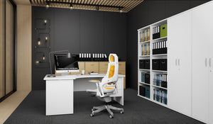 Impulse 1600mm Left Crescent Desk White Top Panel End Leg Workstation 800 Deep Desk High Pedestal Bundle