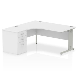 Impulse 1600mm Left Crescent Desk White Top Silver Cable Managed Leg Workstation 600 Deep Desk High Pedestal Bundle