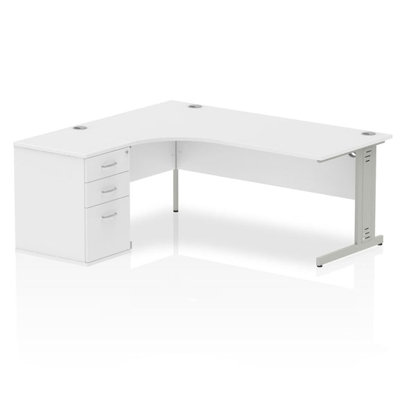 Impulse 1800mm Left Crescent Desk White Top Silver Cable Managed Leg Workstation 600 Deep Desk High Pedestal Bundle