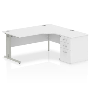 Impulse 1600mm Right Crescent Desk White Top Silver Cable Managed Leg Workstation 600 Deep Desk High Pedestal Bundle
