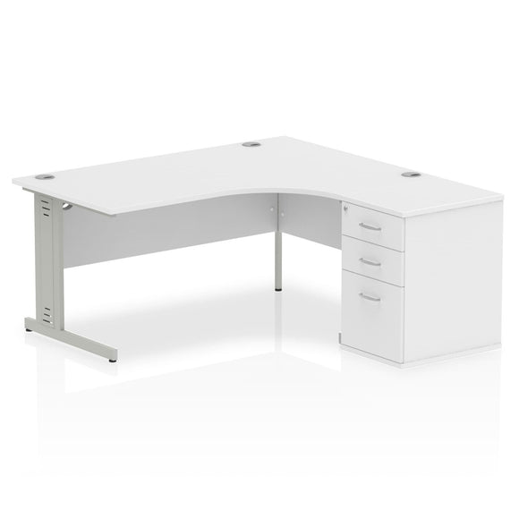 Impulse 1600mm Right Crescent Desk White Top Silver Cable Managed Leg Workstation 600 Deep Desk High Pedestal Bundle
