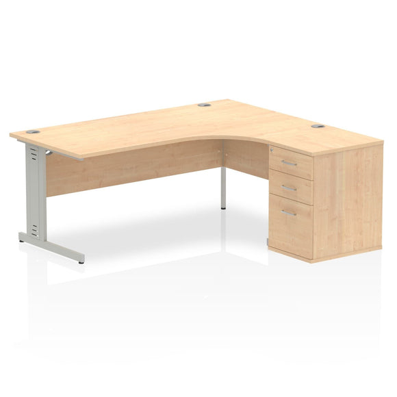 Impulse 1800mm Right Crescent Desk Maple Top Silver Cable Managed Leg Workstation 600 Deep Desk High Pedestal Bundle
