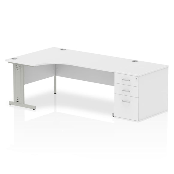 Impulse 1800mm Left Crescent Desk White Top Silver Cable Managed Leg Workstation 800 Deep Desk High Pedestal Bundle