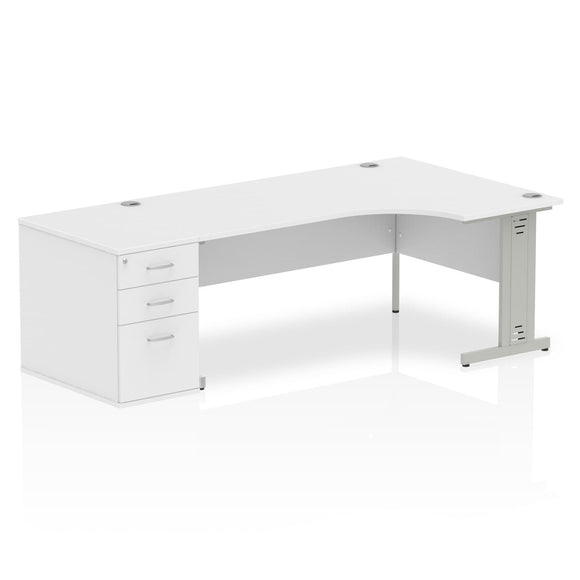 Impulse 1800mm Right Crescent Desk White Top Silver Cable Managed Leg Workstation 800 Deep Desk High Pedestal Bundle