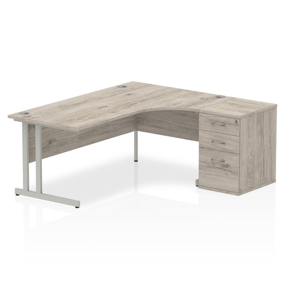 Impulse 1800mm Right Crescent Desk Grey Oak Top Silver Cantilever Leg Workstation 600 Deep Desk High Pedestal Bundle