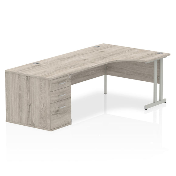 Impulse 1800mm Right Crescent Desk Grey Oak Top Silver Cantilever Leg Workstation 800 Deep Desk High Pedestal Bundle