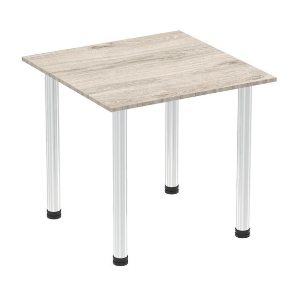 Impulse 800mm Square Table Grey Oak Top Chrome Post Leg