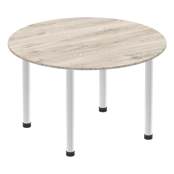 Impulse 1000mm Round Table Grey Oak Top Brushed Aluminium Post Leg