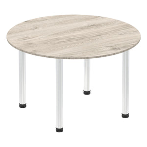 Impulse 1200mm Round Table Grey Oak Top Chrome Post Leg