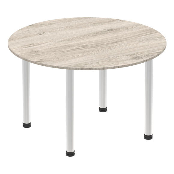Impulse 1200mm Round Table Grey Oak Top Brushed Aluminium Post Leg