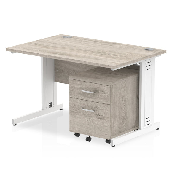 Impulse 1200 x 800mm Straight Desk Grey Oak Top White Cable Managed Leg with 2 Drawer Mobile Pedestal Bundle