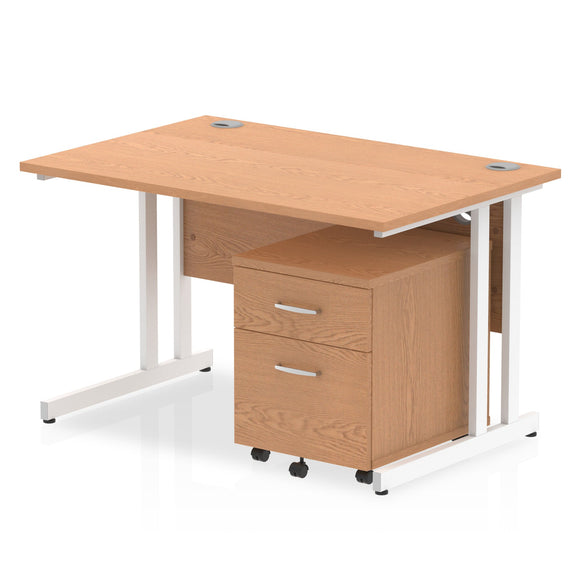 Impulse 1200 x 800mm Straight Desk Oak Top White Cantilever Leg with 2 Drawer Mobile Pedestal Bundle