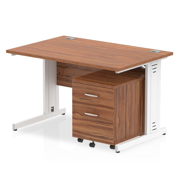 Impulse 1200 x 800mm Straight Desk Walnut Top White Cable Managed Leg with 2 Drawer Mobile Pedestal Bundle