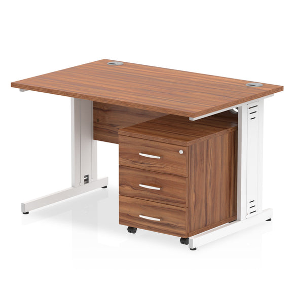 Impulse 1200 x 800mm Straight Desk Walnut Top White Cable Managed Leg with 3 Drawer Mobile Pedestal Bundle