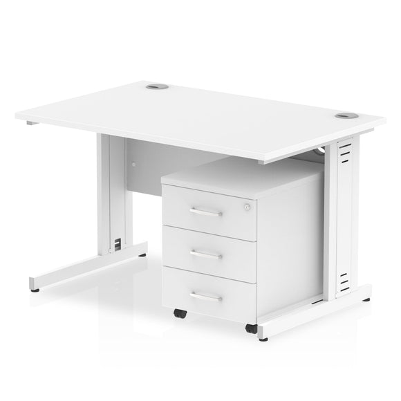 Impulse 1200 x 800mm Straight Desk White Top White Cable Managed Leg with 3 Drawer Mobile Pedestal Bundle