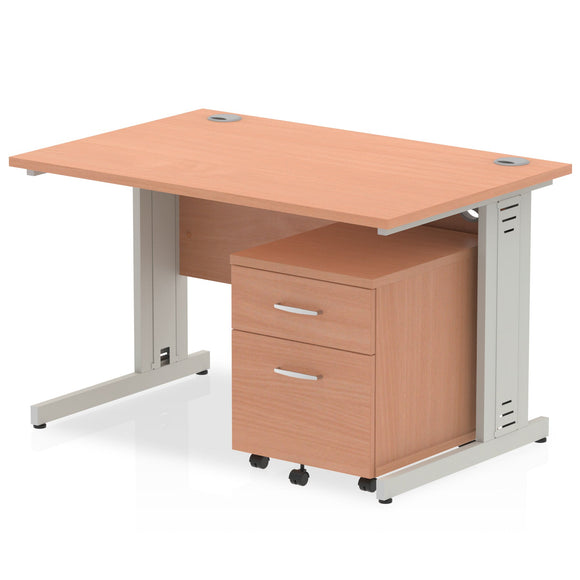 Impulse 1200 x 800mm Straight Desk Beech Top Silver Cable Managed Leg with 2 Drawer Mobile Pedestal Bundle